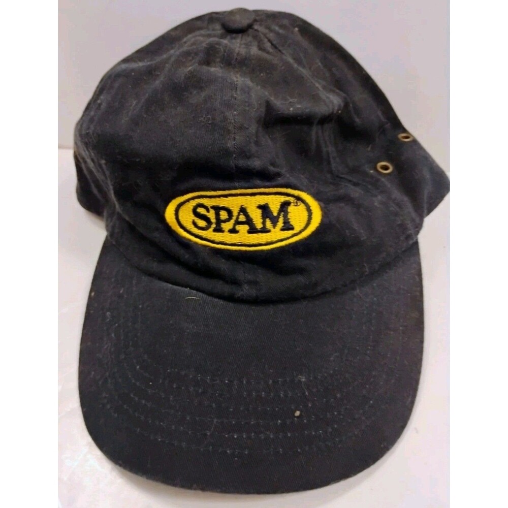 Vtg SPAM Canned Meat Oval Logo Promo Unstructured Dad Hat Black Ball Cap Brass